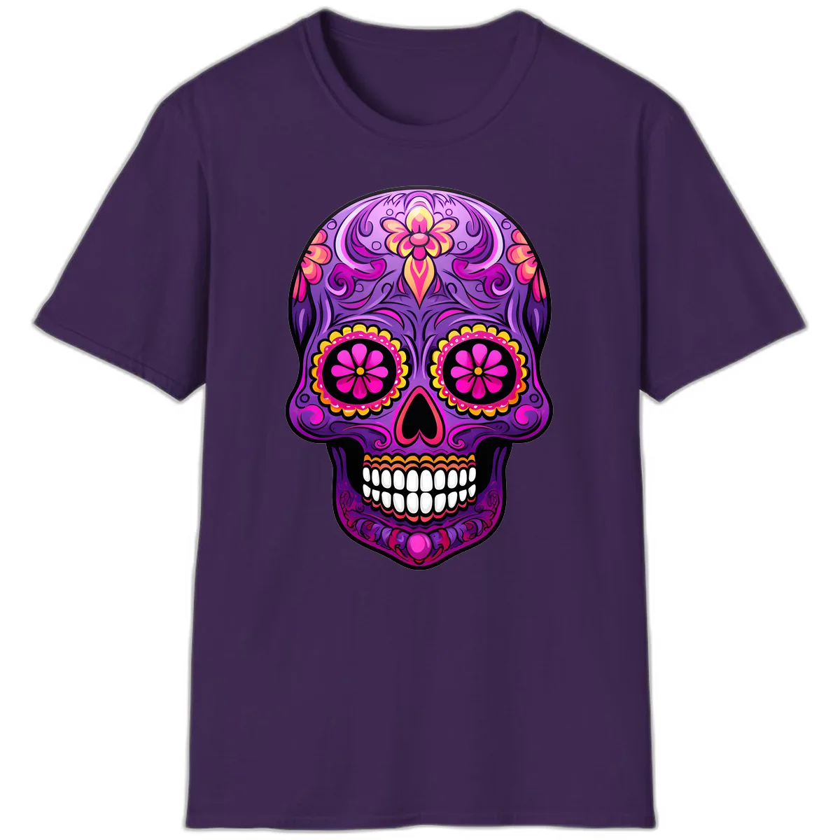 Vibrant Floral Swirls Calavera Sugar Skull T-Shirt in Purple
