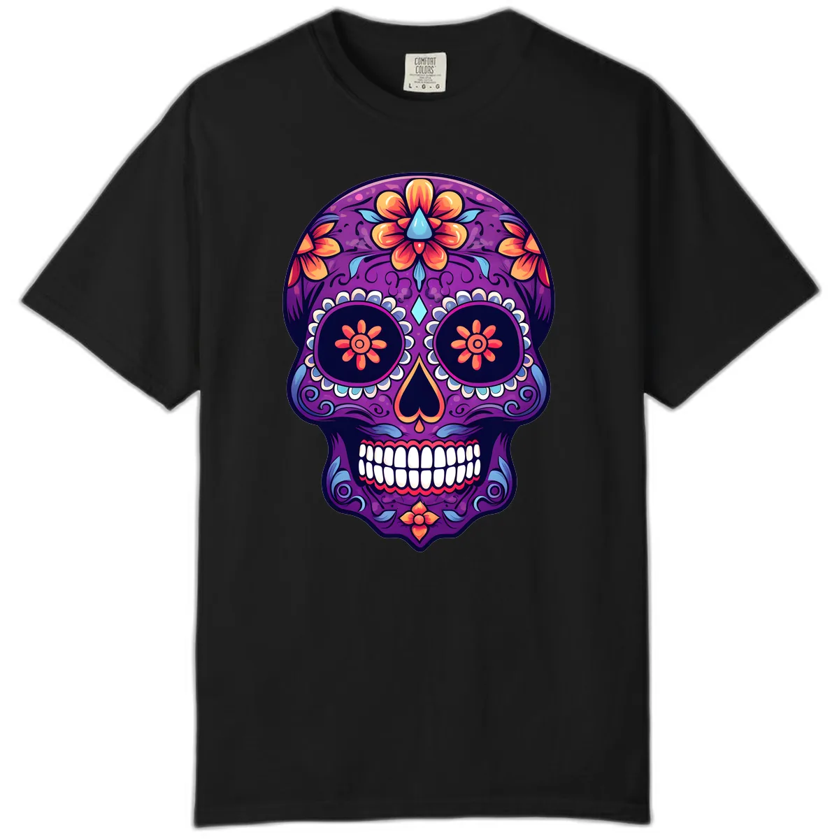 Vibrant Floral Calavera Sugar Skull Art Comfort Color in Black