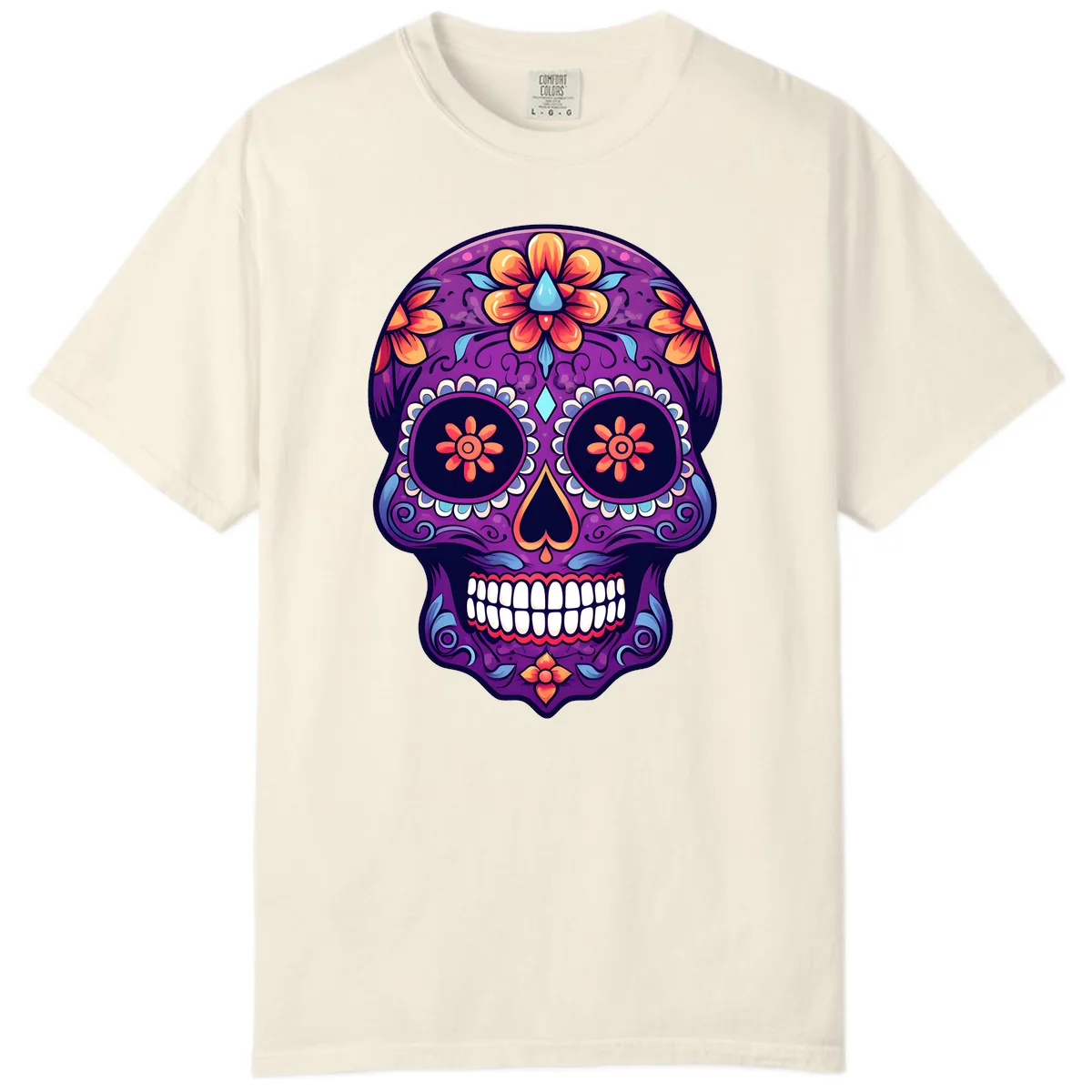 Vibrant Floral Calavera Sugar Skull Art Comfort Color in Ivory