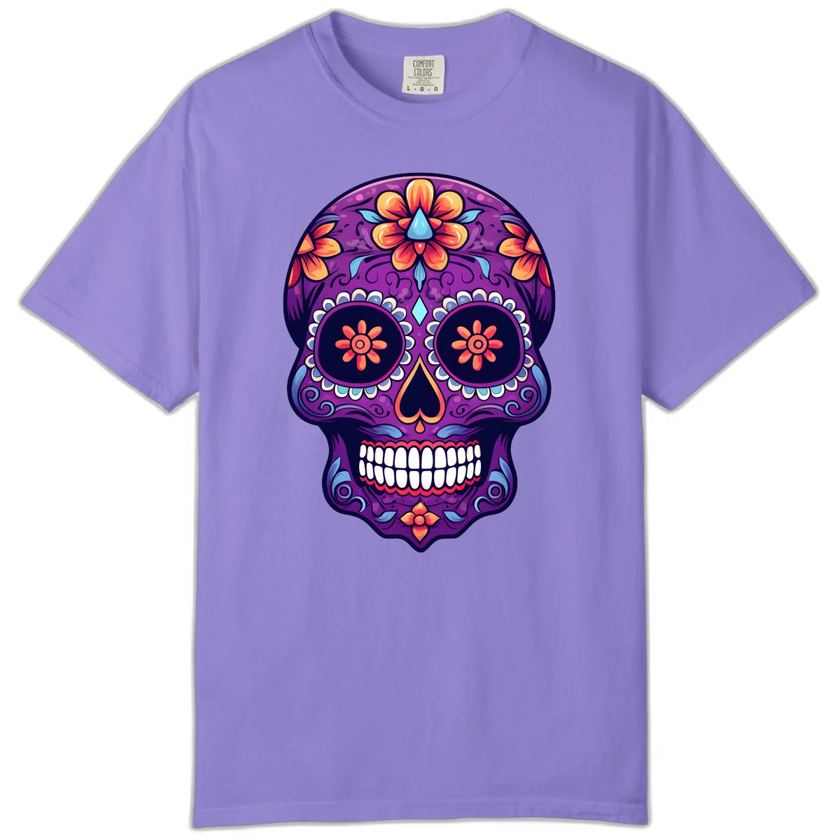 Vibrant Floral Calavera Sugar Skull Art Comfort Color in Violet