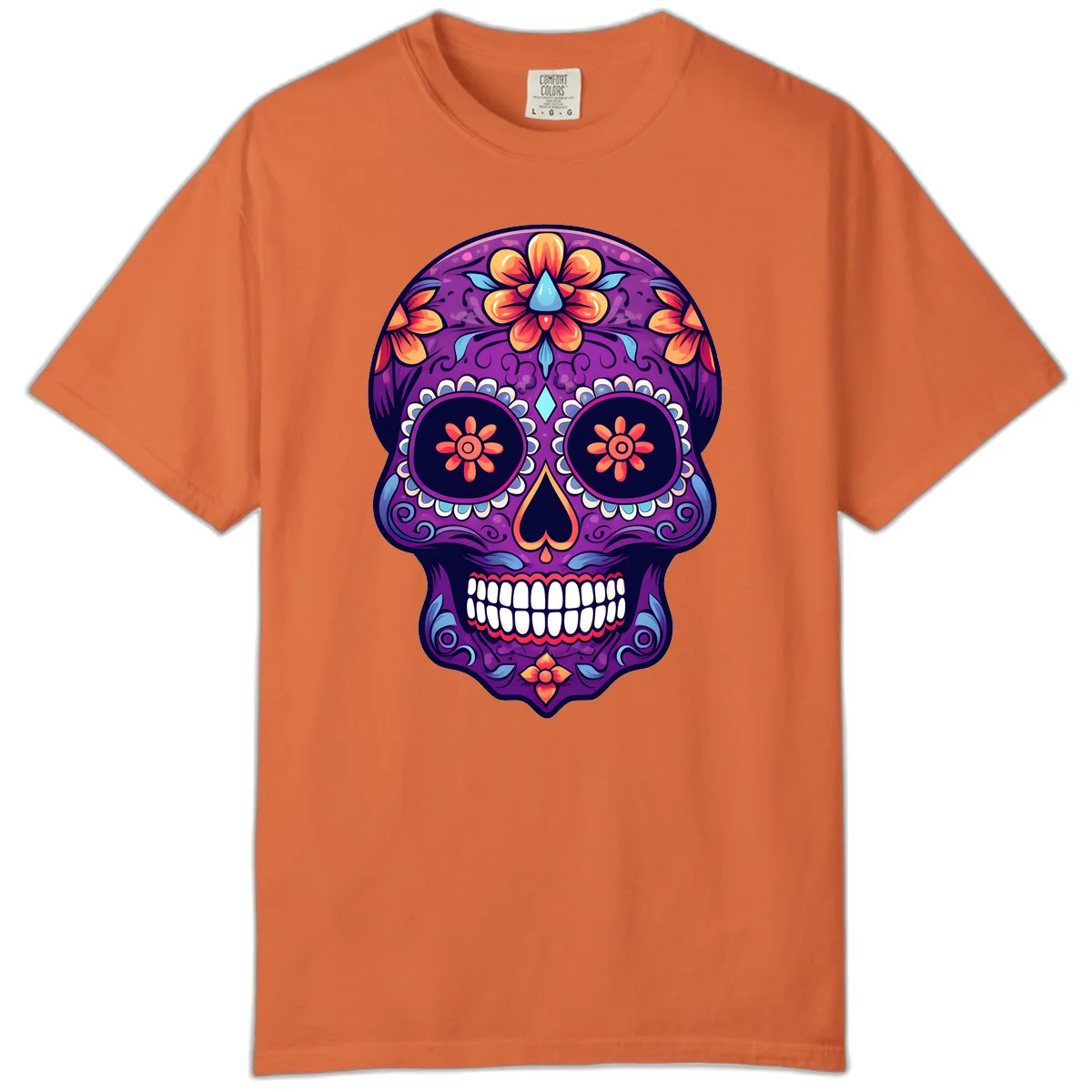 Vibrant Floral Calavera Sugar Skull Art Comfort Color in Burnt Orange