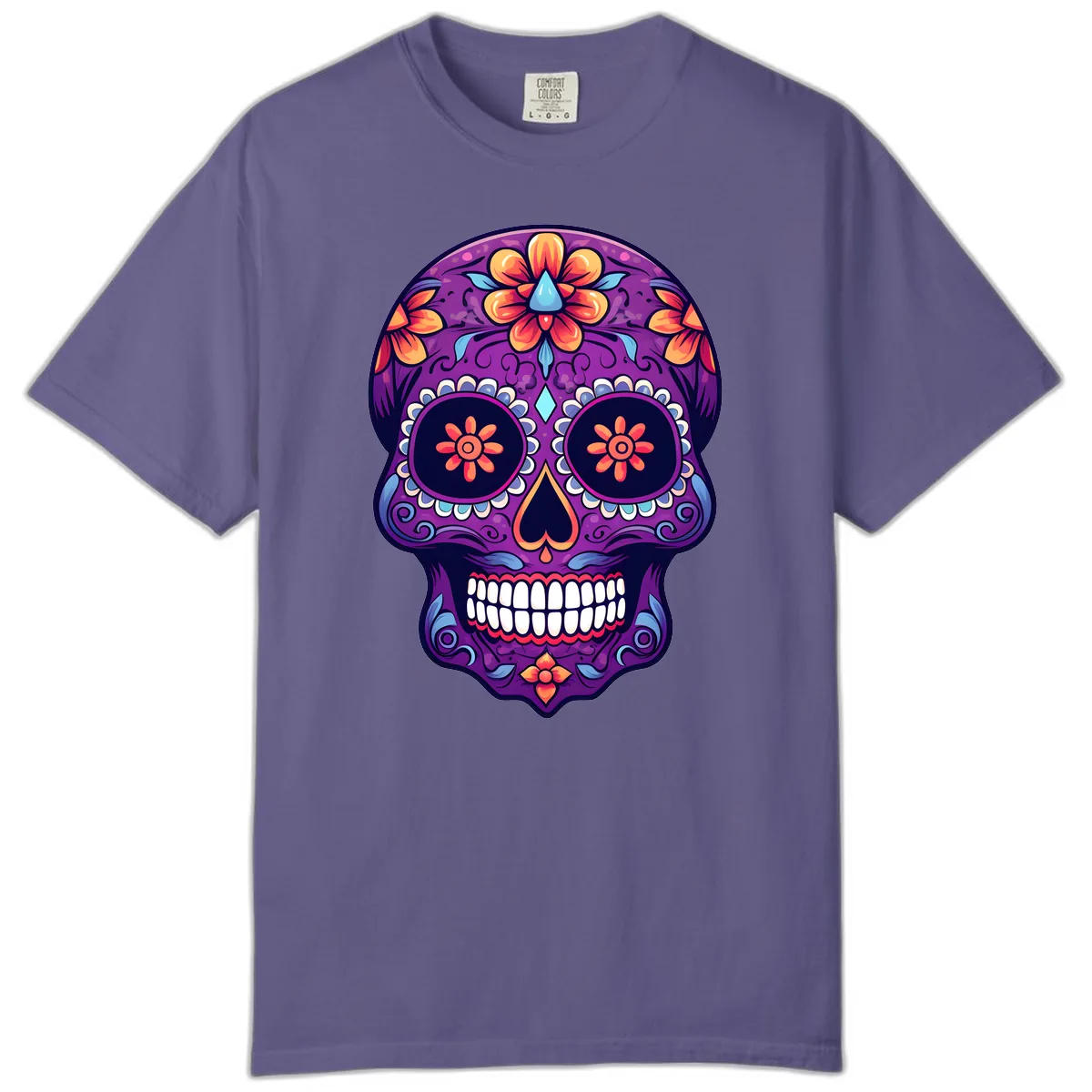 Vibrant Floral Calavera Sugar Skull Art Comfort Color in Grape