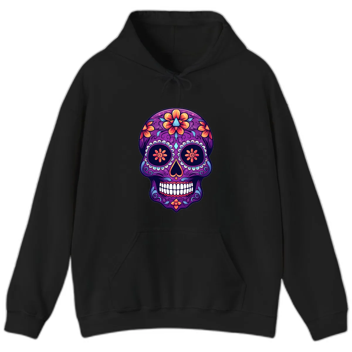 Vibrant Floral Calavera Sugar Skull Art Hoodie in Black