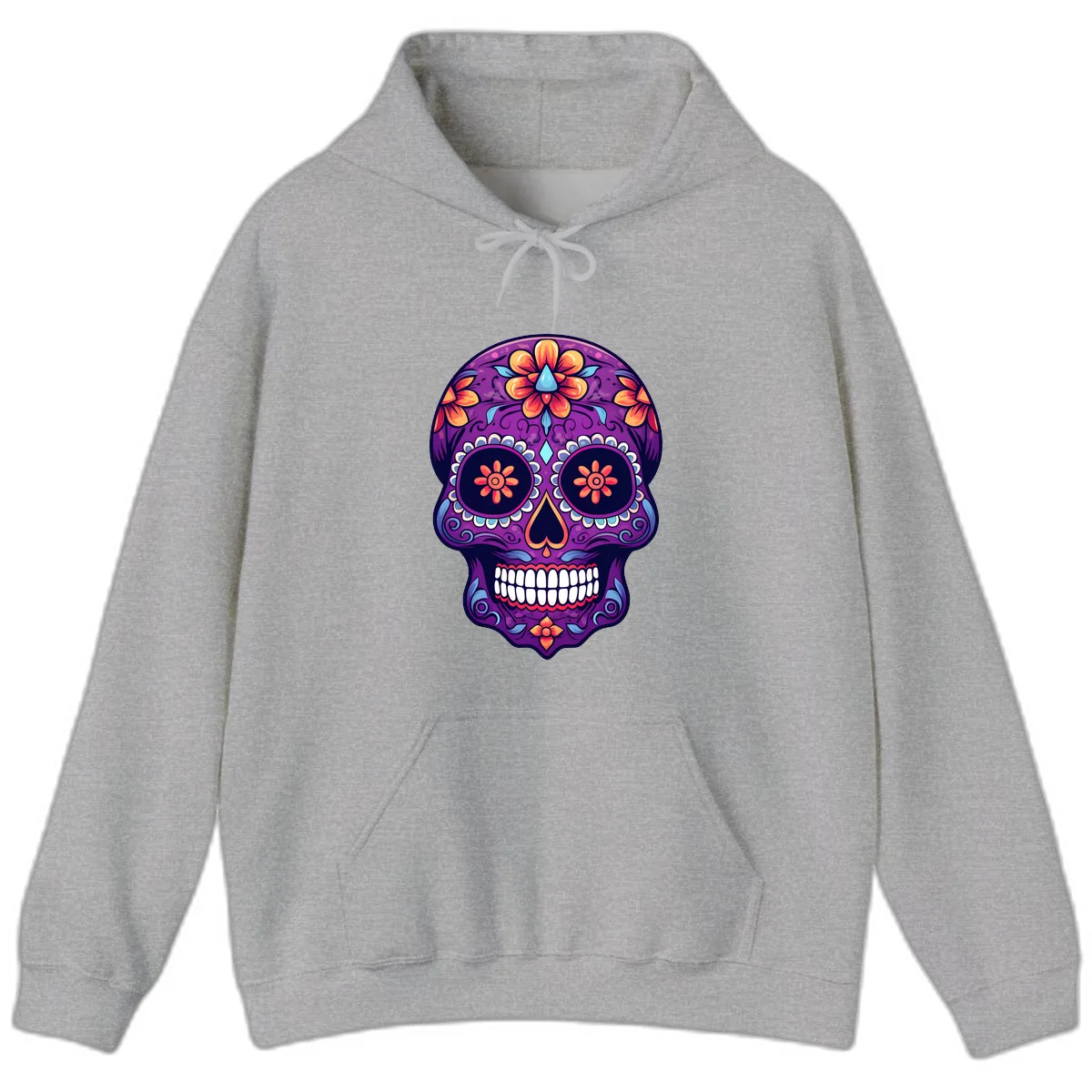 Vibrant Floral Calavera Sugar Skull Art Hoodie in Sport Grey