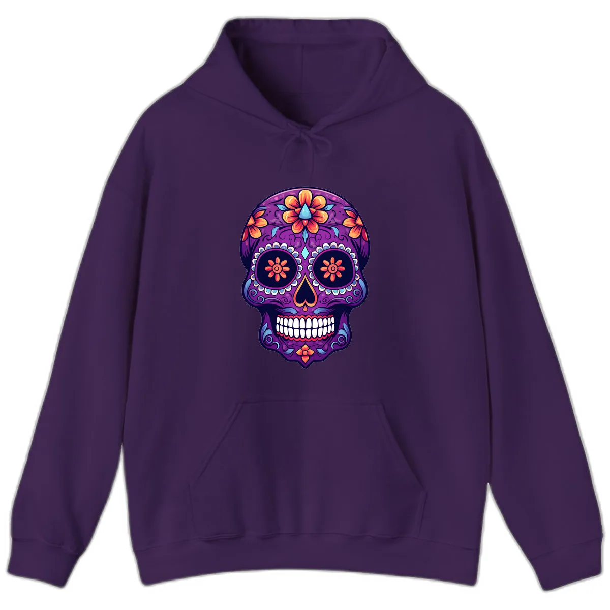 Vibrant Floral Calavera Sugar Skull Art Hoodie in Purple