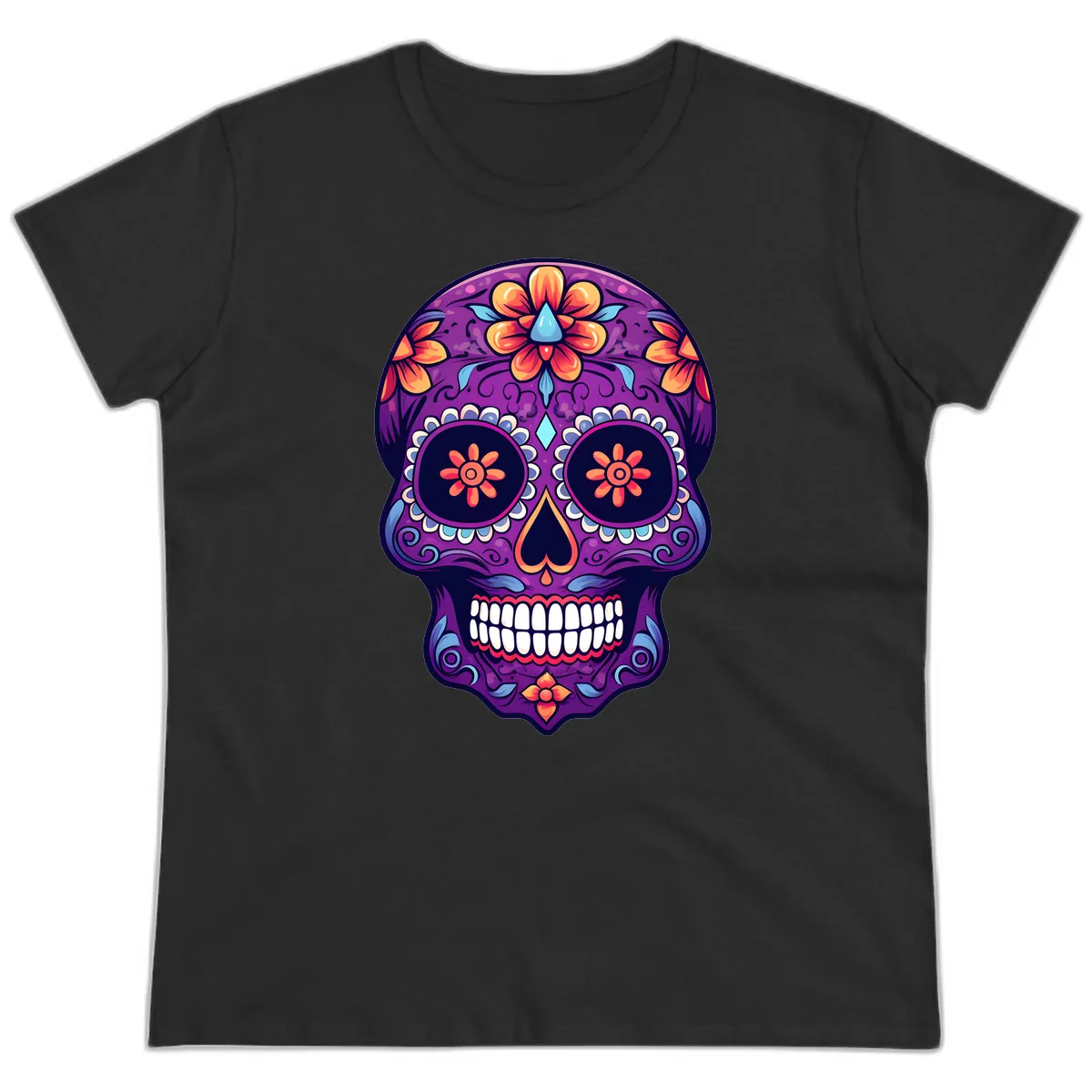 Vibrant Floral Calavera Sugar Skull Art Ladies Tee in Black