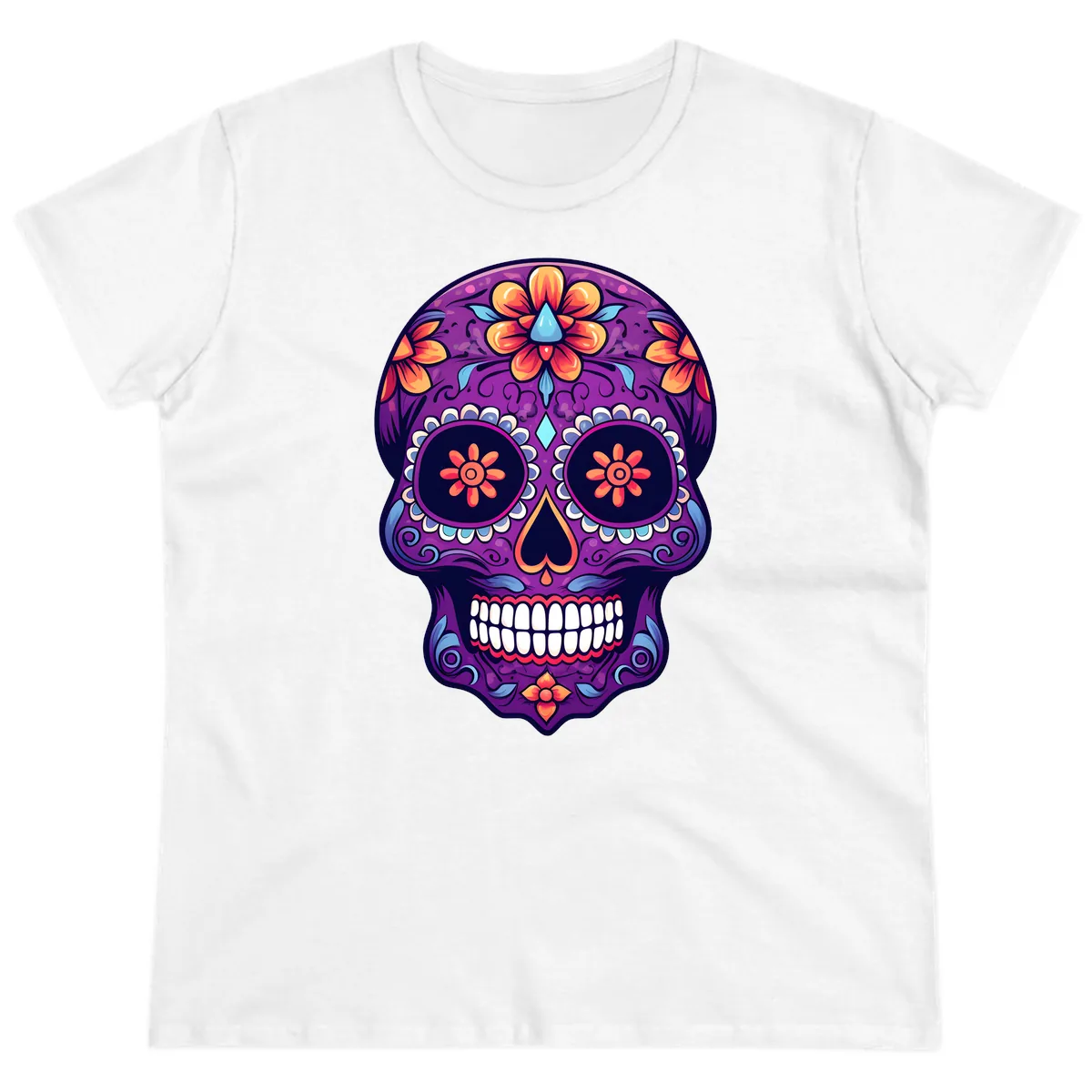 Vibrant Floral Calavera Sugar Skull Art Ladies Tee in White