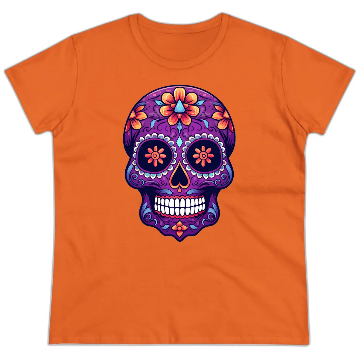 Vibrant Floral Calavera Sugar Skull Art Ladies Tee in Orange