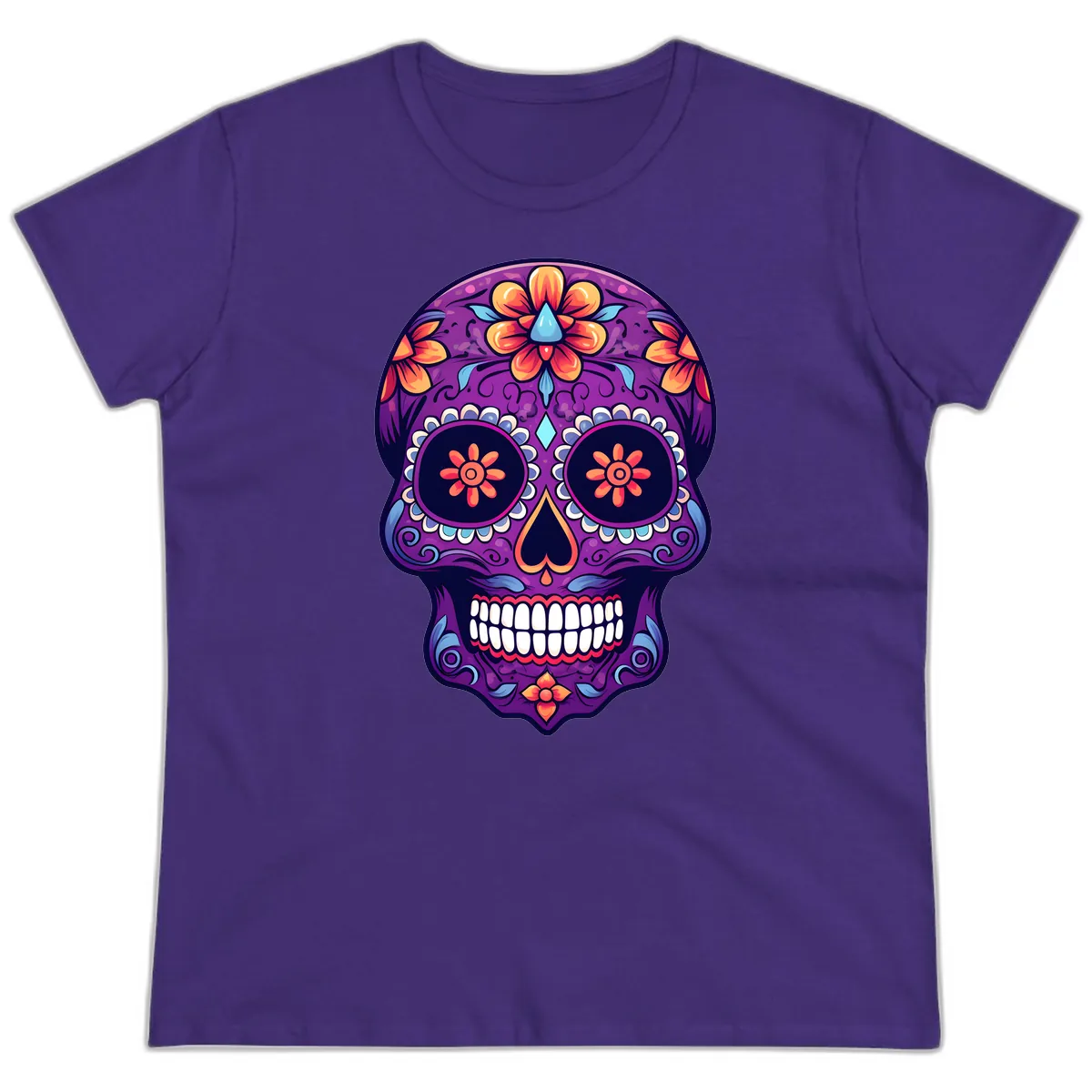 Vibrant Floral Calavera Sugar Skull Art Ladies Tee in Purple