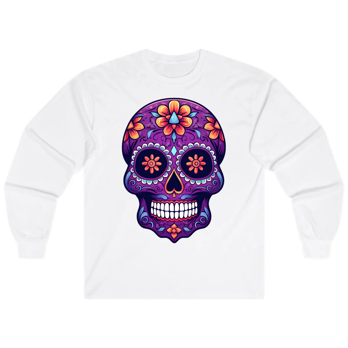 Vibrant Floral Calavera Sugar Skull Art Long Sleeve in White