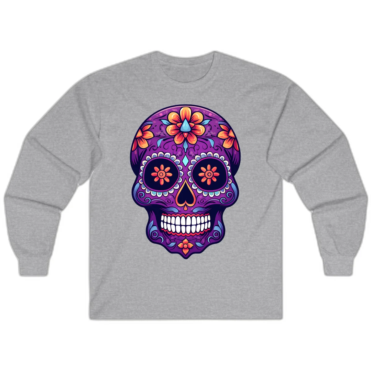 Vibrant Floral Calavera Sugar Skull Art Long Sleeve in Sport Grey