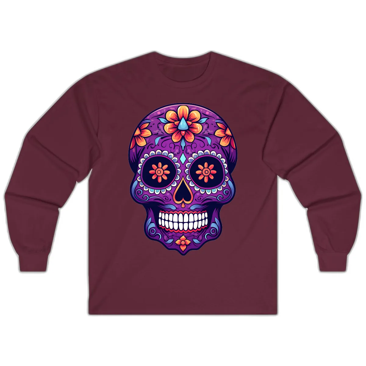 Vibrant Floral Calavera Sugar Skull Art Long Sleeve in Maroon