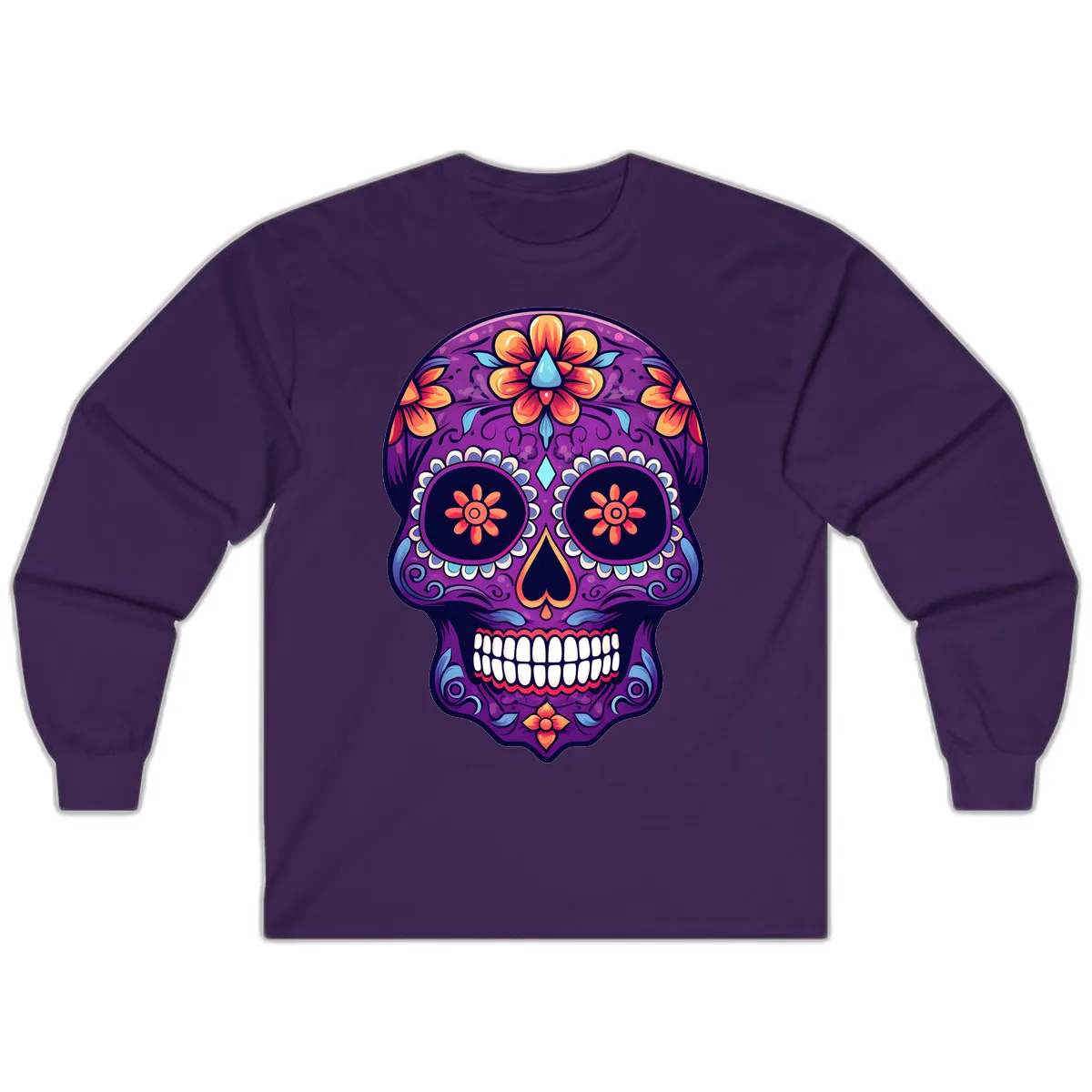 Vibrant Floral Calavera Sugar Skull Art Long Sleeve in Purple