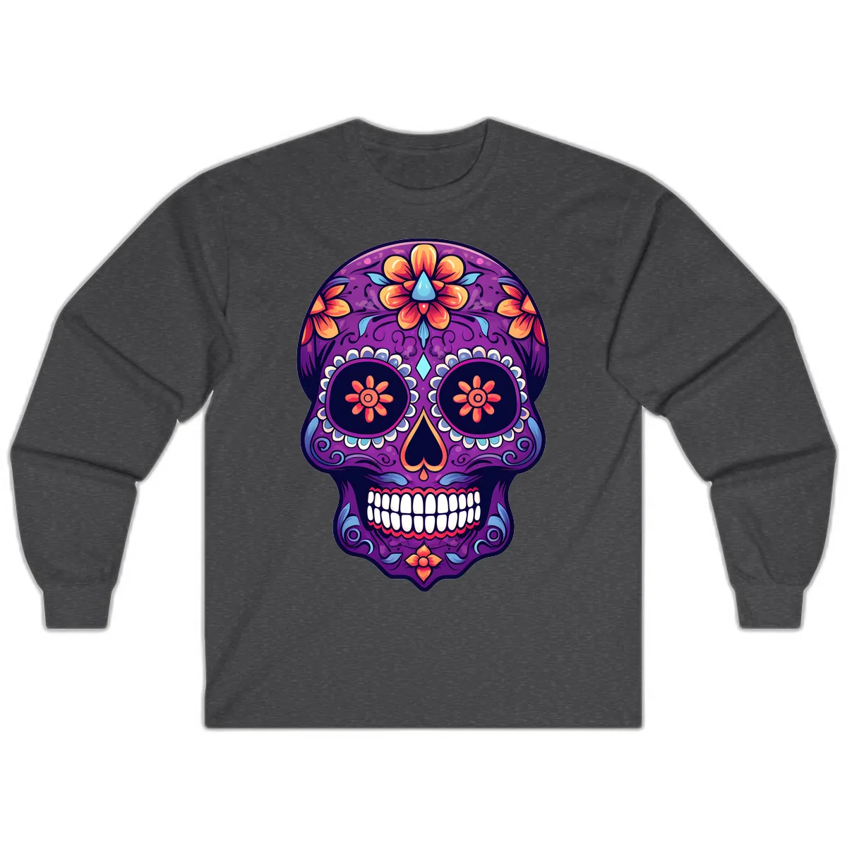 Vibrant Floral Calavera Sugar Skull Art Long Sleeve in Dark Heather