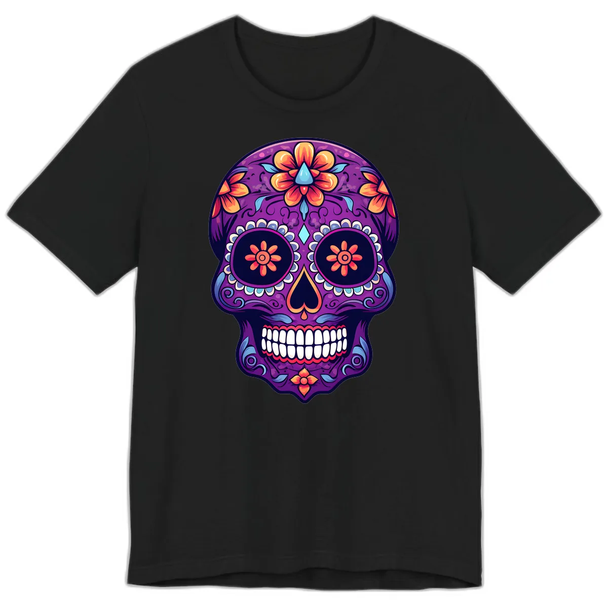 Vibrant Floral Calavera Sugar Skull Art Premium T-Shirt in Black