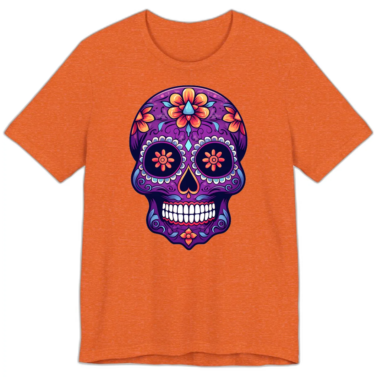 Vibrant Floral Calavera Sugar Skull Art Premium T-Shirt in Heather Orange