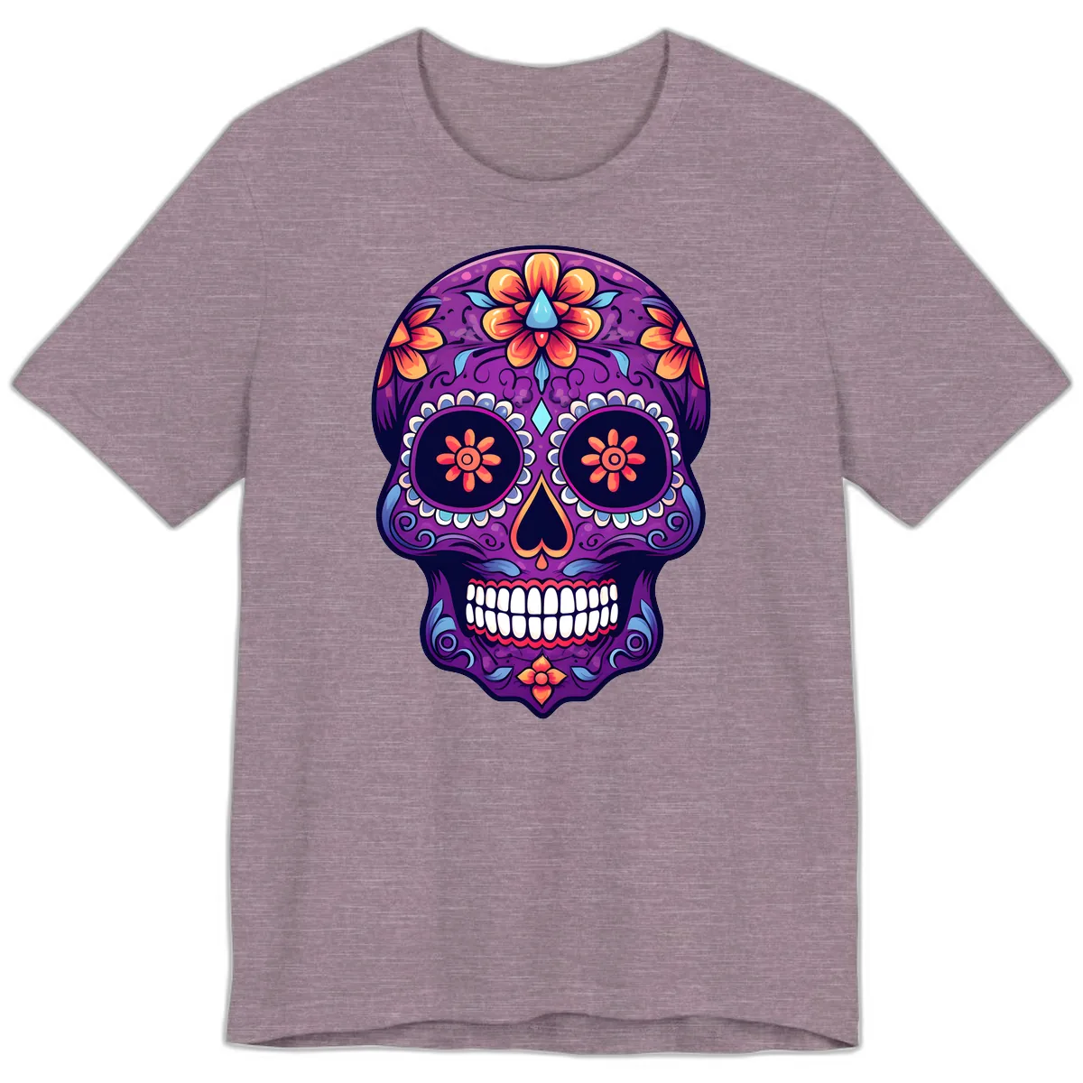 Vibrant Floral Calavera Sugar Skull Art Premium T-Shirt in Heather Purple