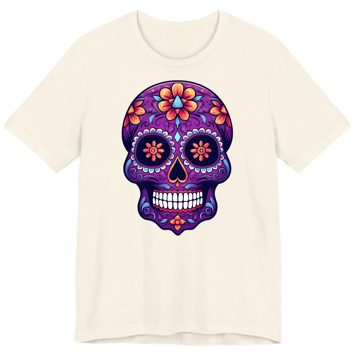 Vibrant Floral Calavera Sugar Skull Art Premium T-Shirt in Natural
