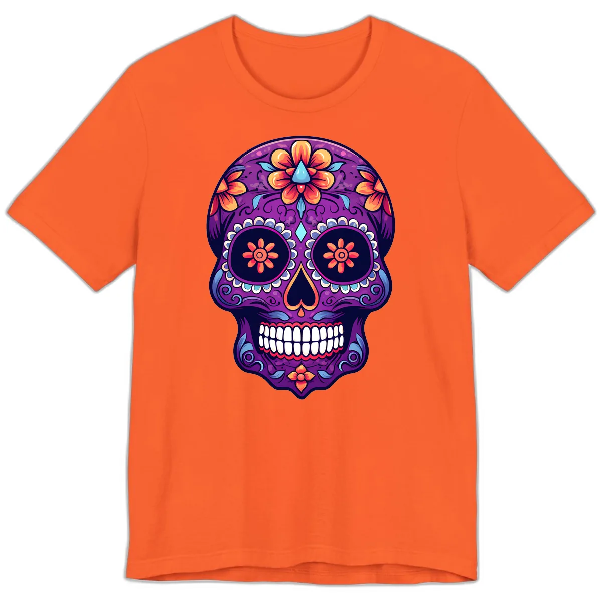 Vibrant Floral Calavera Sugar Skull Art Premium T-Shirt in Orange