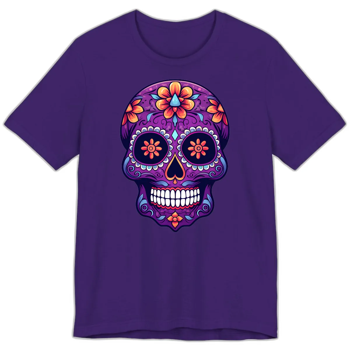 Vibrant Floral Calavera Sugar Skull Art Premium T-Shirt in Team Purple