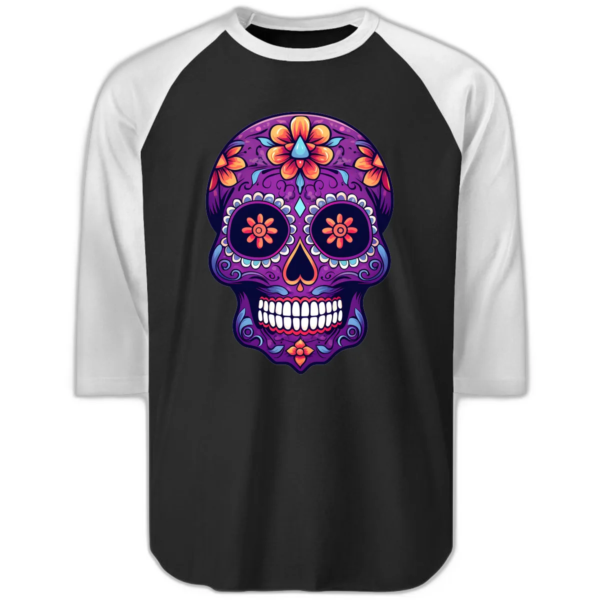 Vibrant Floral Calavera Sugar Skull Art Raglan 3/4 in Black White