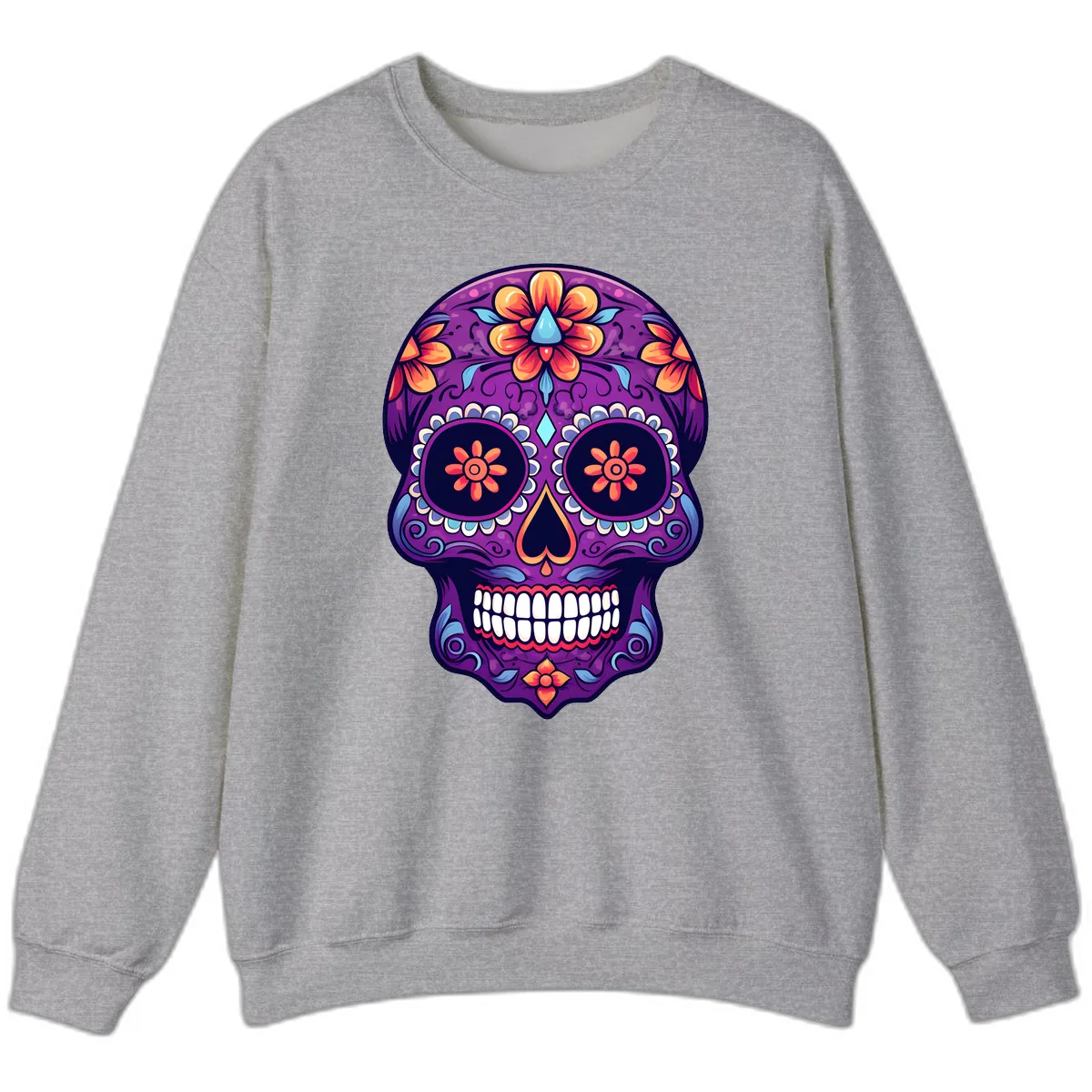 Vibrant Floral Calavera Sugar Skull Art Sweatshirt in Sport Grey