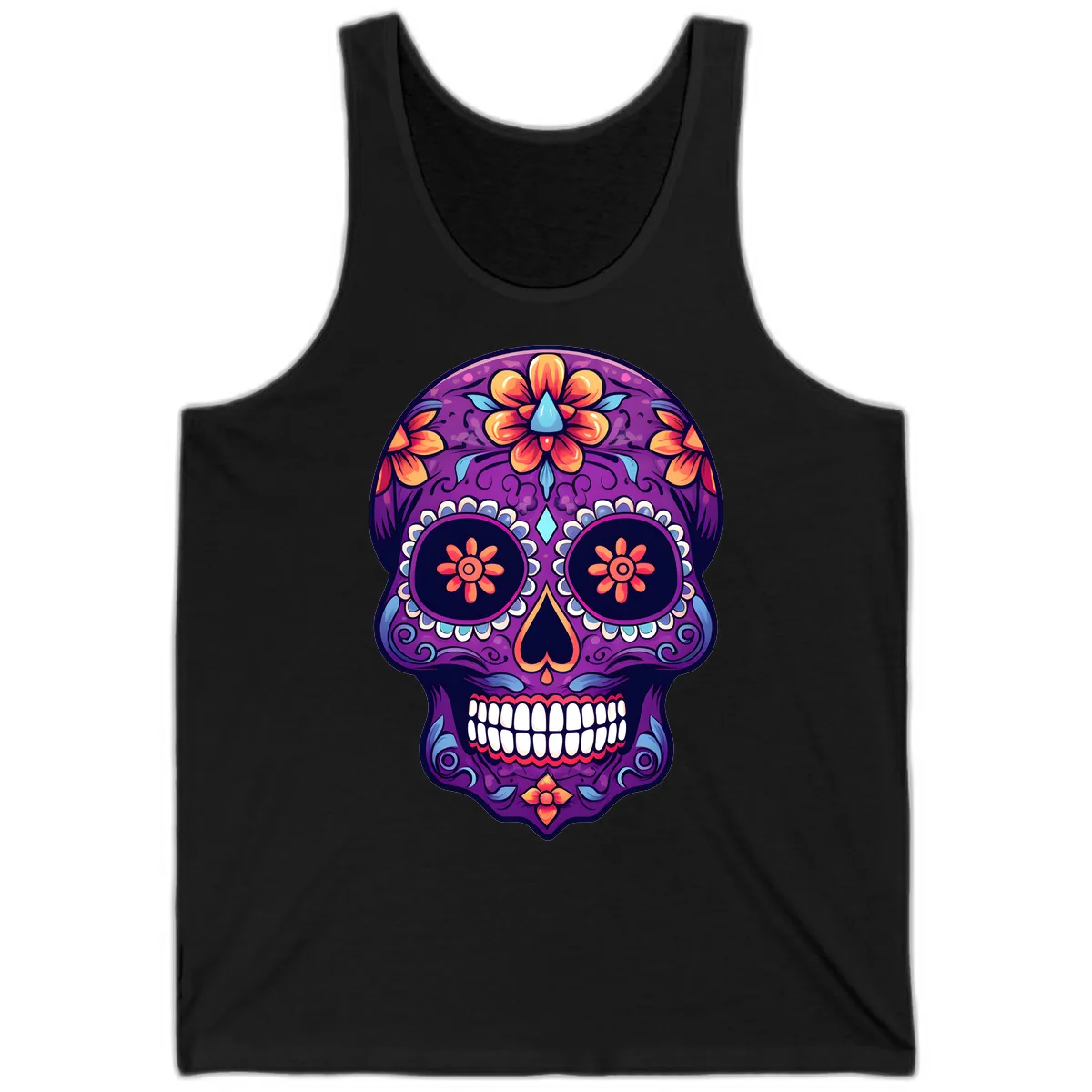 Vibrant Floral Calavera Sugar Skull Art Tank in Black