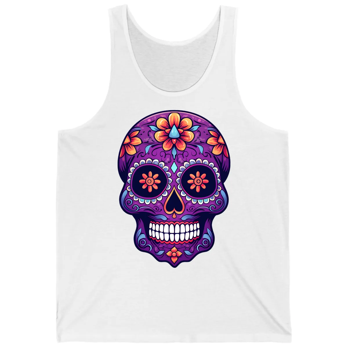 Vibrant Floral Calavera Sugar Skull Art Tank in White