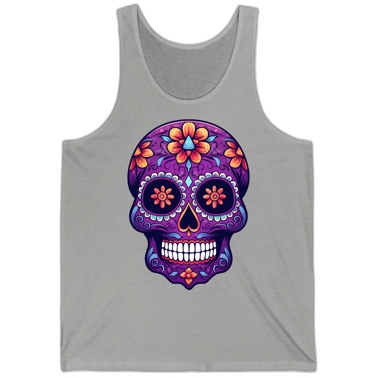 Vibrant Floral Calavera Sugar Skull Art Tank in Athletic Heather