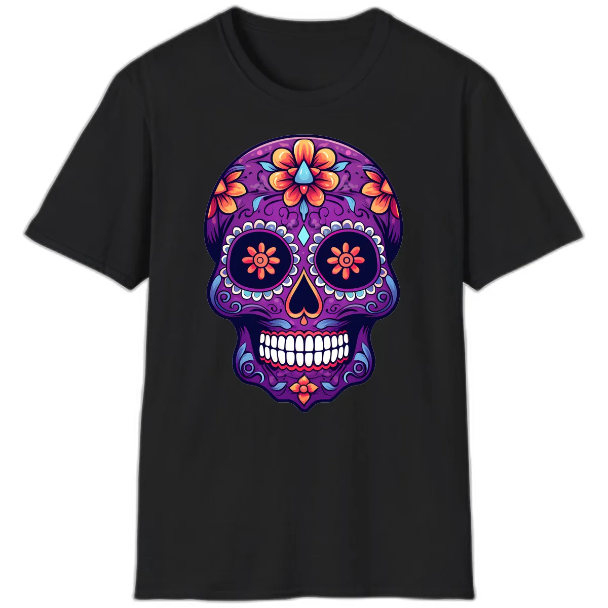 Vibrant Floral Calavera Sugar Skull Art T-Shirt in Black