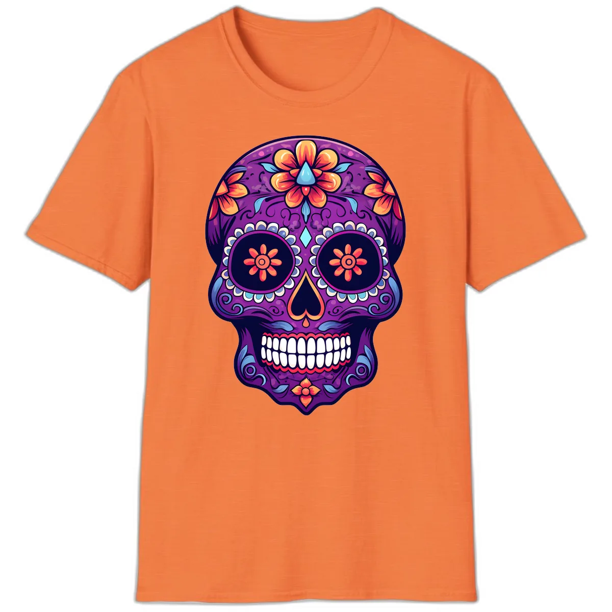 Vibrant Floral Calavera Sugar Skull Art T-Shirt in Heather Orange