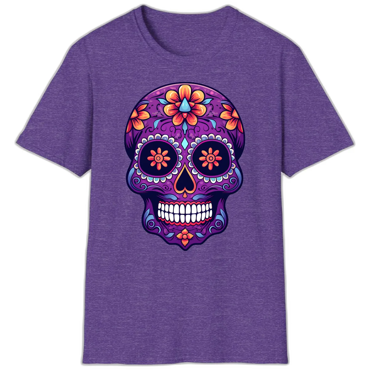 Vibrant Floral Calavera Sugar Skull Art T-Shirt in Heather Purple