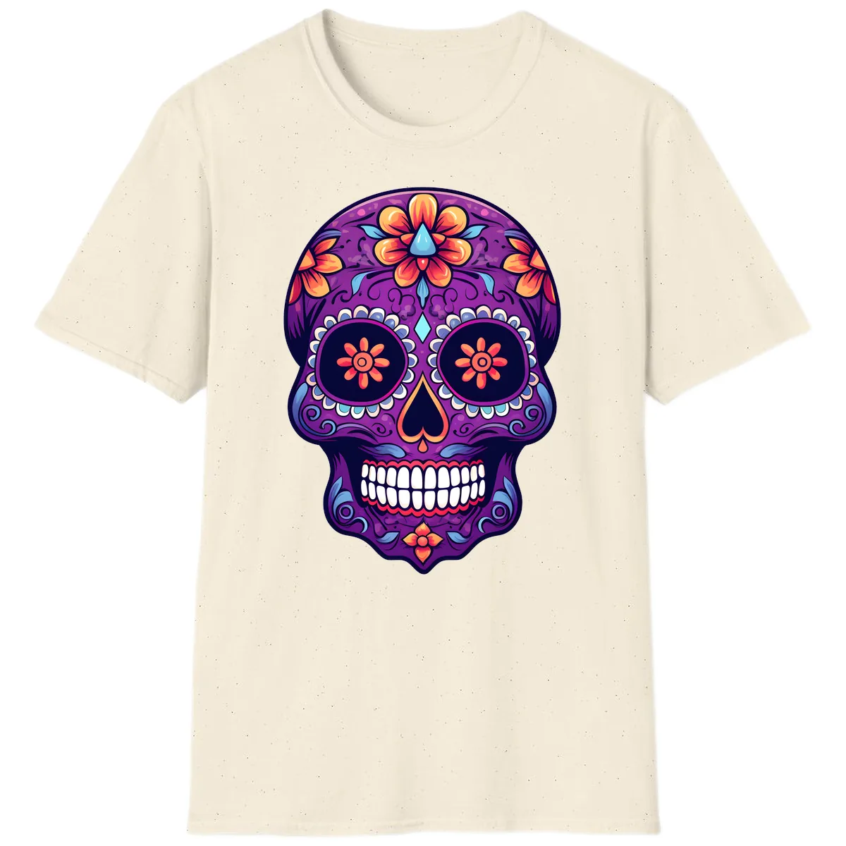 Vibrant Floral Calavera Sugar Skull Art T-Shirt in Natural
