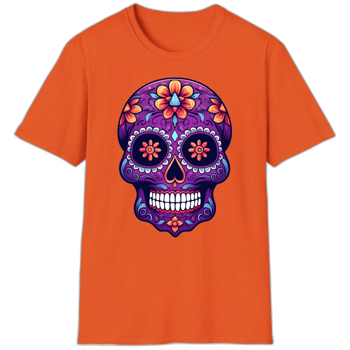 Vibrant Floral Calavera Sugar Skull Art T-Shirt in Orange