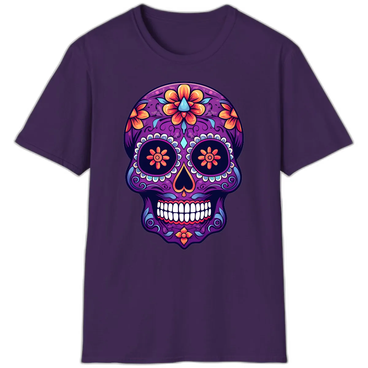 Vibrant Floral Calavera Sugar Skull Art T-Shirt in Purple
