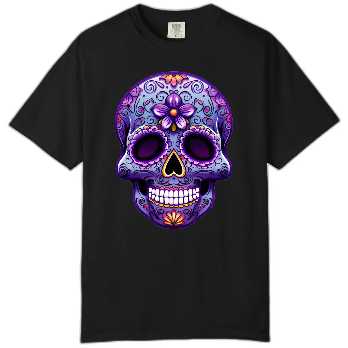 Vibrant Floral Calavera Sugar Skull Art Comfort Color in Black