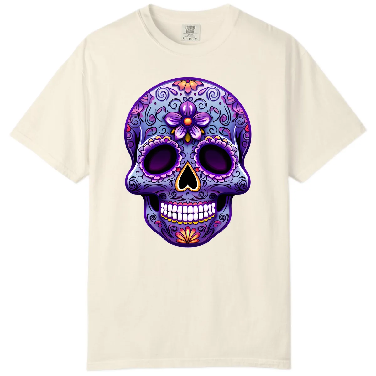 Vibrant Floral Calavera Sugar Skull Art Comfort Color in Ivory