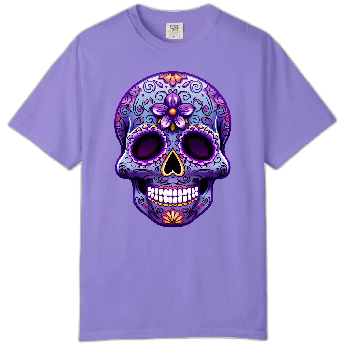 Vibrant Floral Calavera Sugar Skull Art Comfort Color in Violet