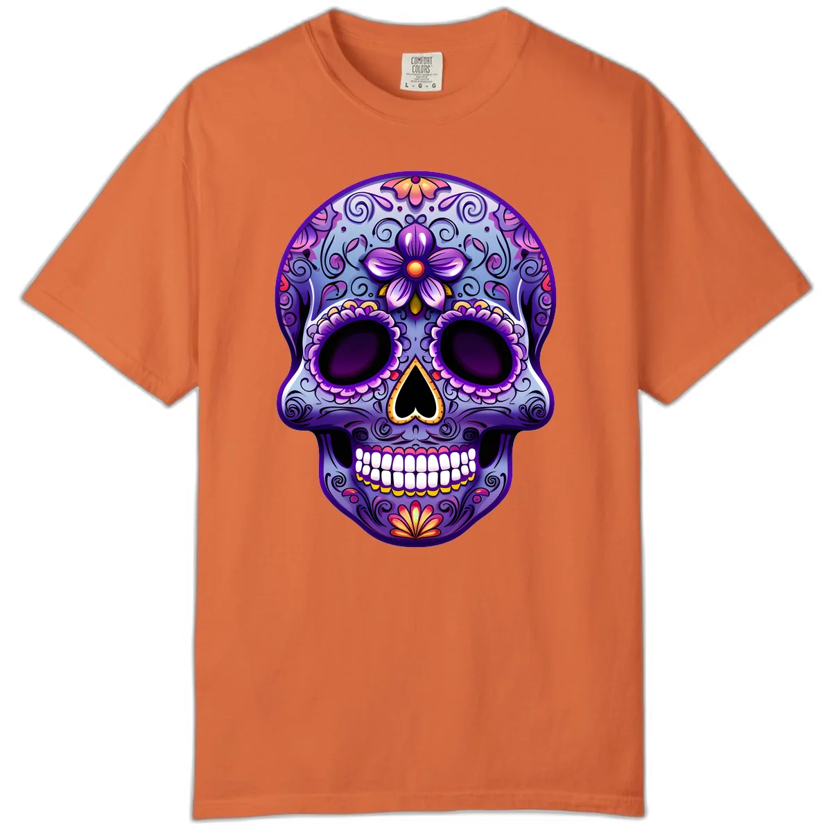 Vibrant Floral Calavera Sugar Skull Art Comfort Color in Burnt Orange