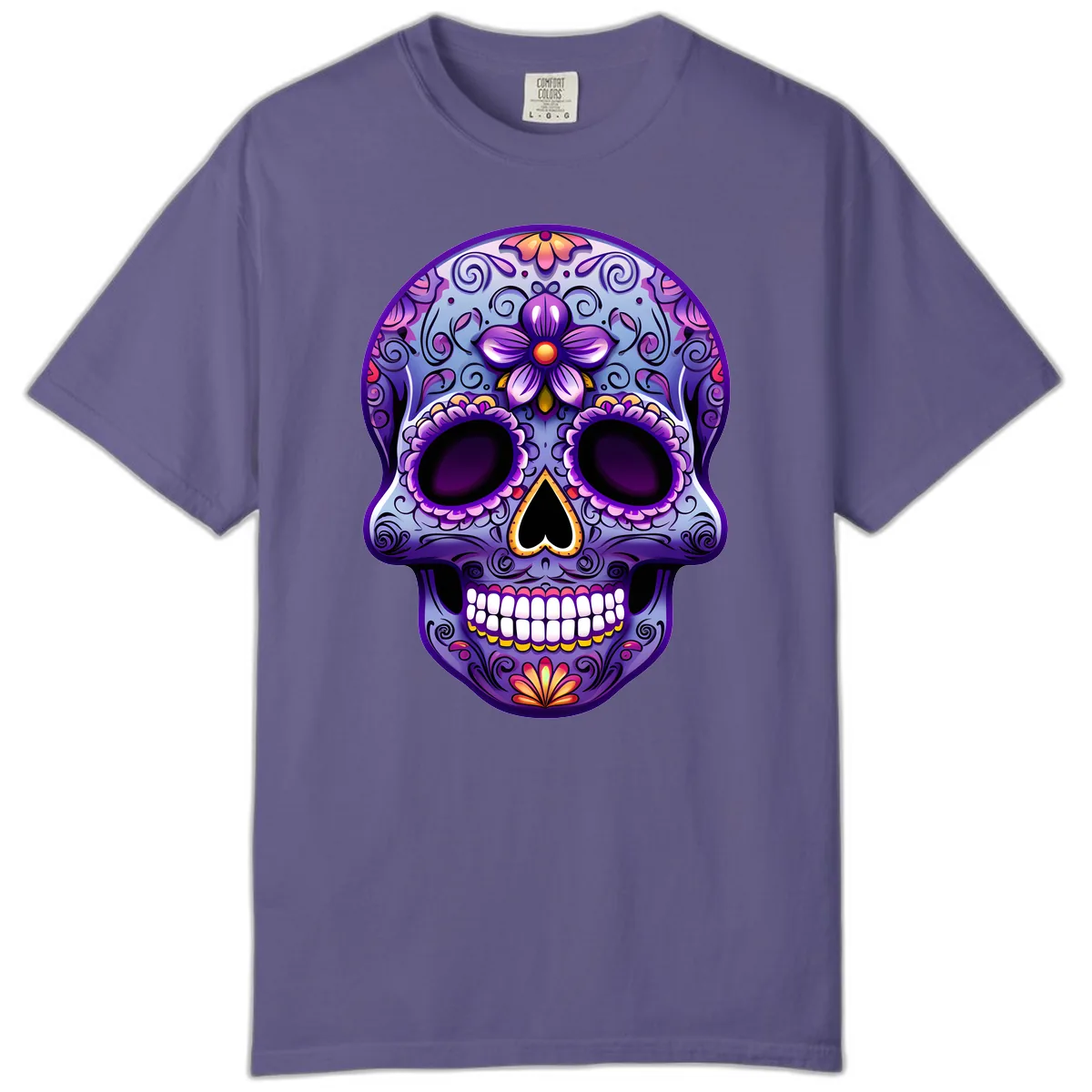 Vibrant Floral Calavera Sugar Skull Art Comfort Color in Grape