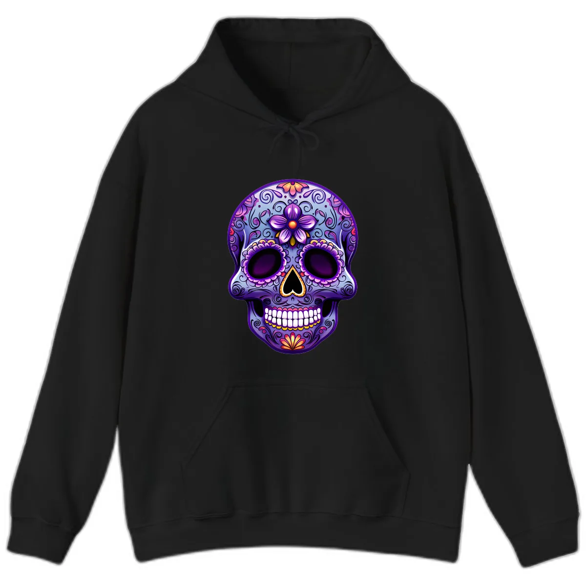 Vibrant Floral Calavera Sugar Skull Art Hoodie in Black