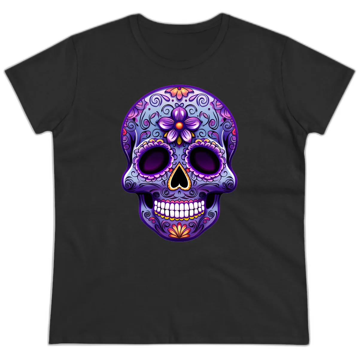 Vibrant Floral Calavera Sugar Skull Art Ladies Tee in Black