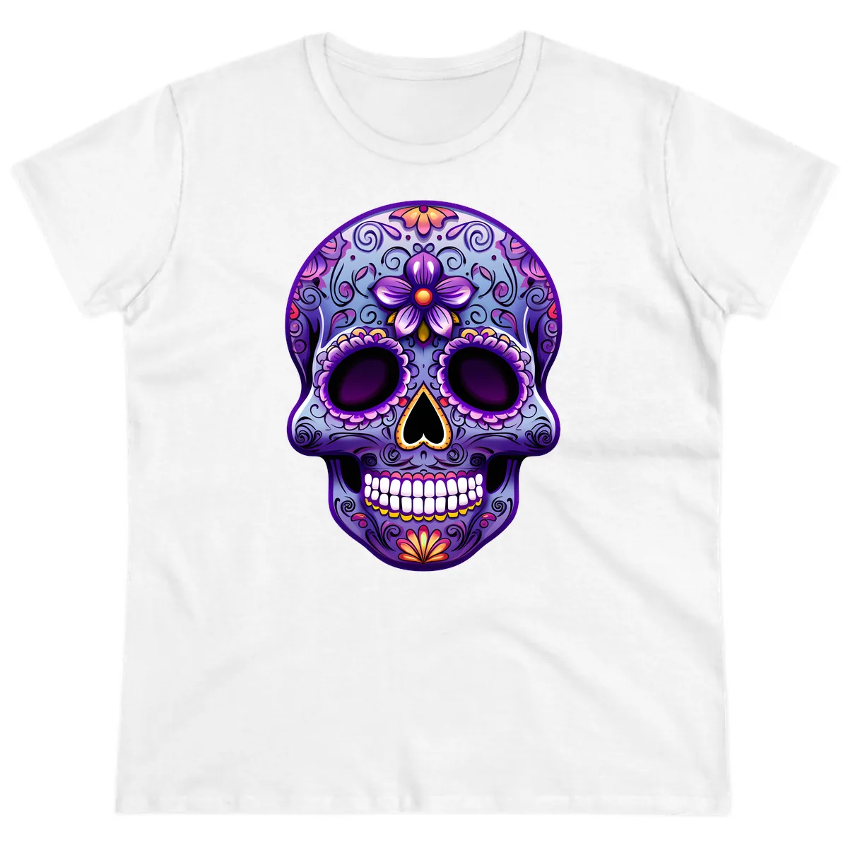 Vibrant Floral Calavera Sugar Skull Art Ladies Tee in White