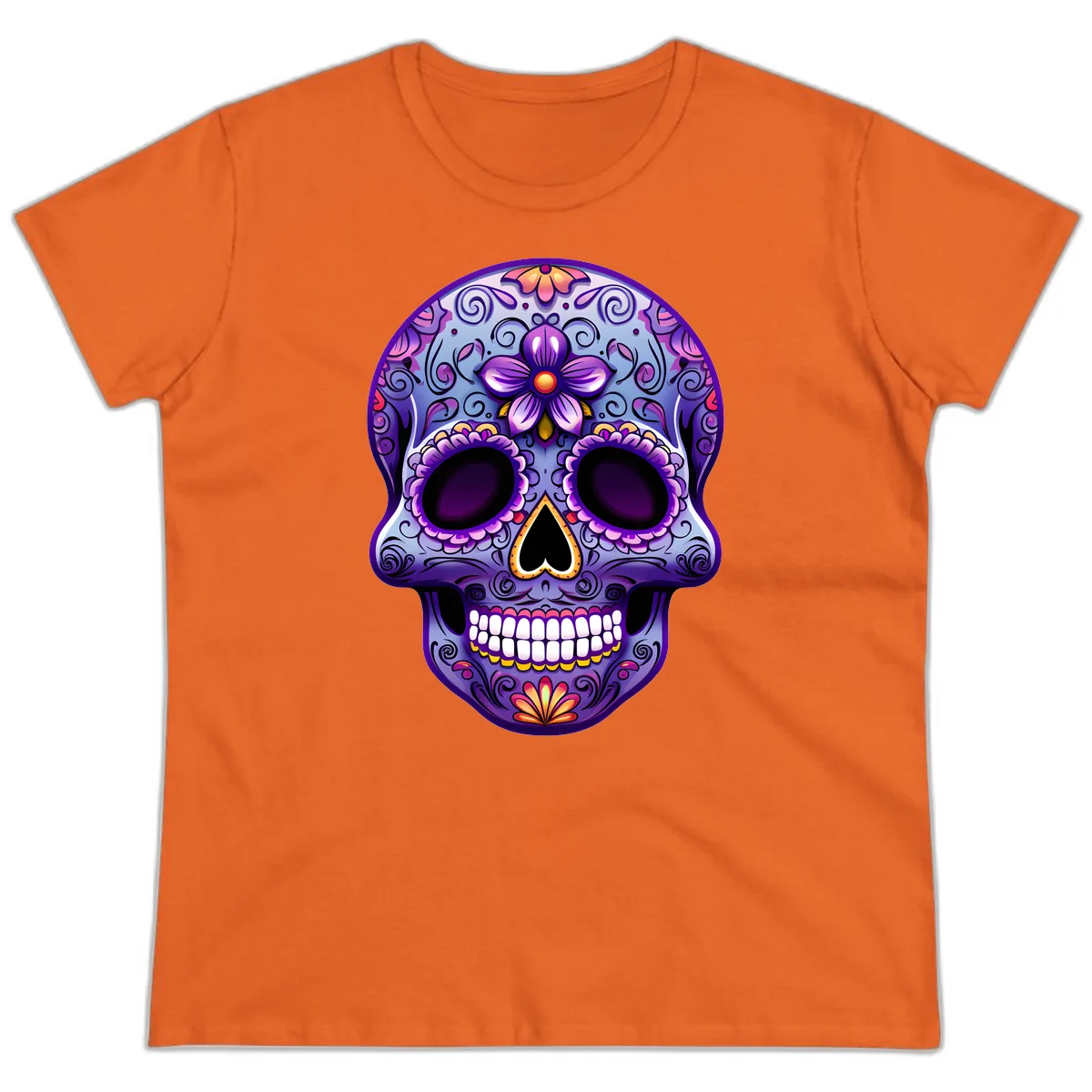 Vibrant Floral Calavera Sugar Skull Art Ladies Tee in Orange