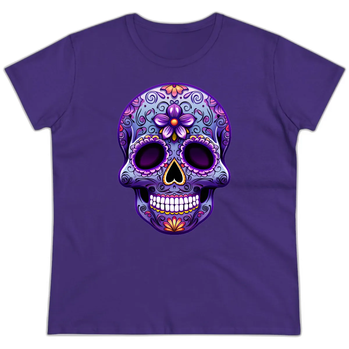 Vibrant Floral Calavera Sugar Skull Art Ladies Tee in Purple