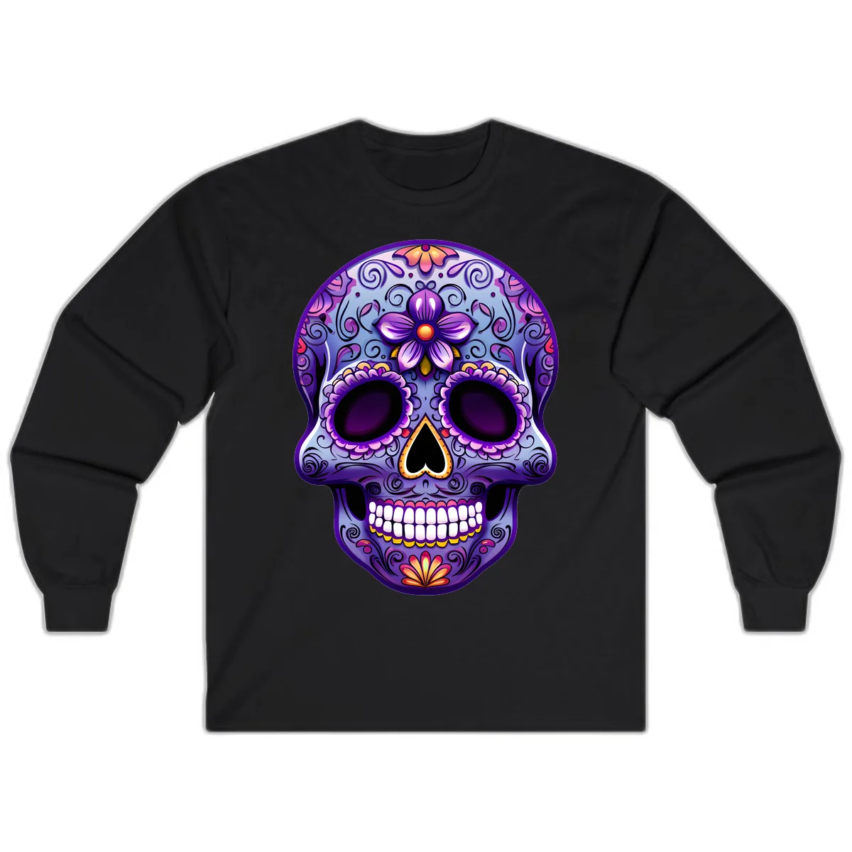 Vibrant Floral Calavera Sugar Skull Art Long Sleeve in Black