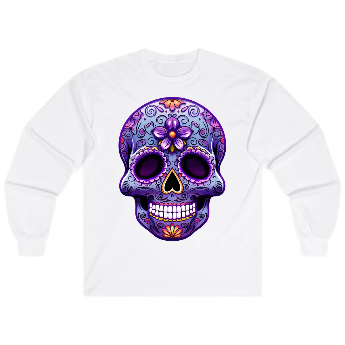 Vibrant Floral Calavera Sugar Skull Art Long Sleeve in White