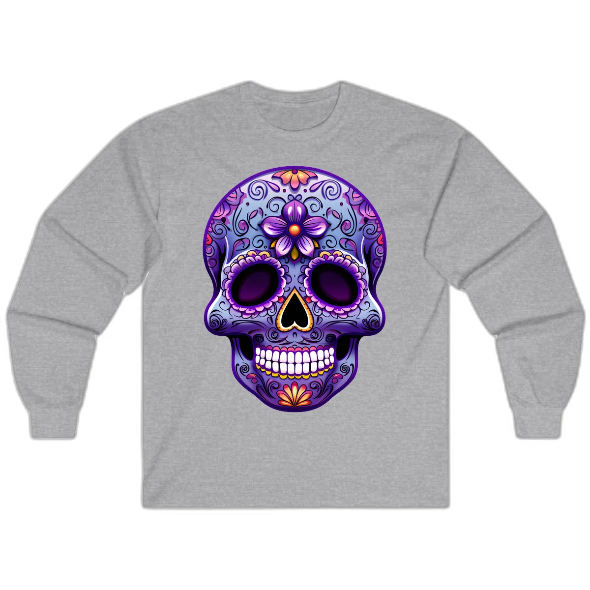Vibrant Floral Calavera Sugar Skull Art Long Sleeve in Sport Grey