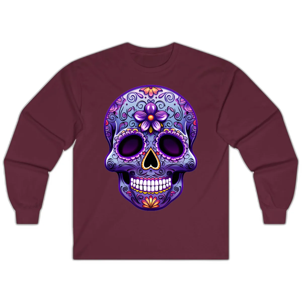 Vibrant Floral Calavera Sugar Skull Art Long Sleeve in Maroon