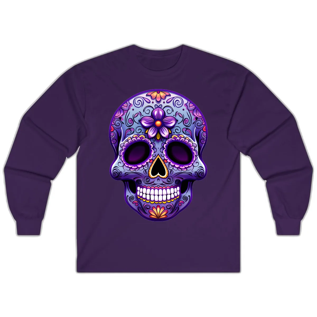 Vibrant Floral Calavera Sugar Skull Art Long Sleeve in Purple